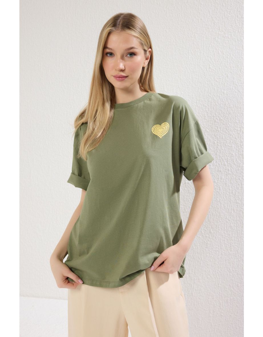 Khaki 100% Cotton Front and Back Embossed Printed Oversize/Wide Pattern Knitted T-Shirt