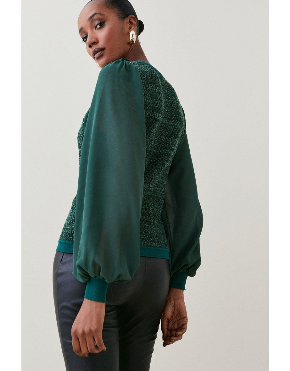 Chiffon Sleeve Tweed Knit Jumper - 2