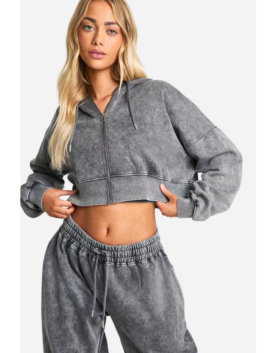 Acid Wash Deep Hem Crop Top 3 Piece Hooded Tracksuit - charcoal - 3