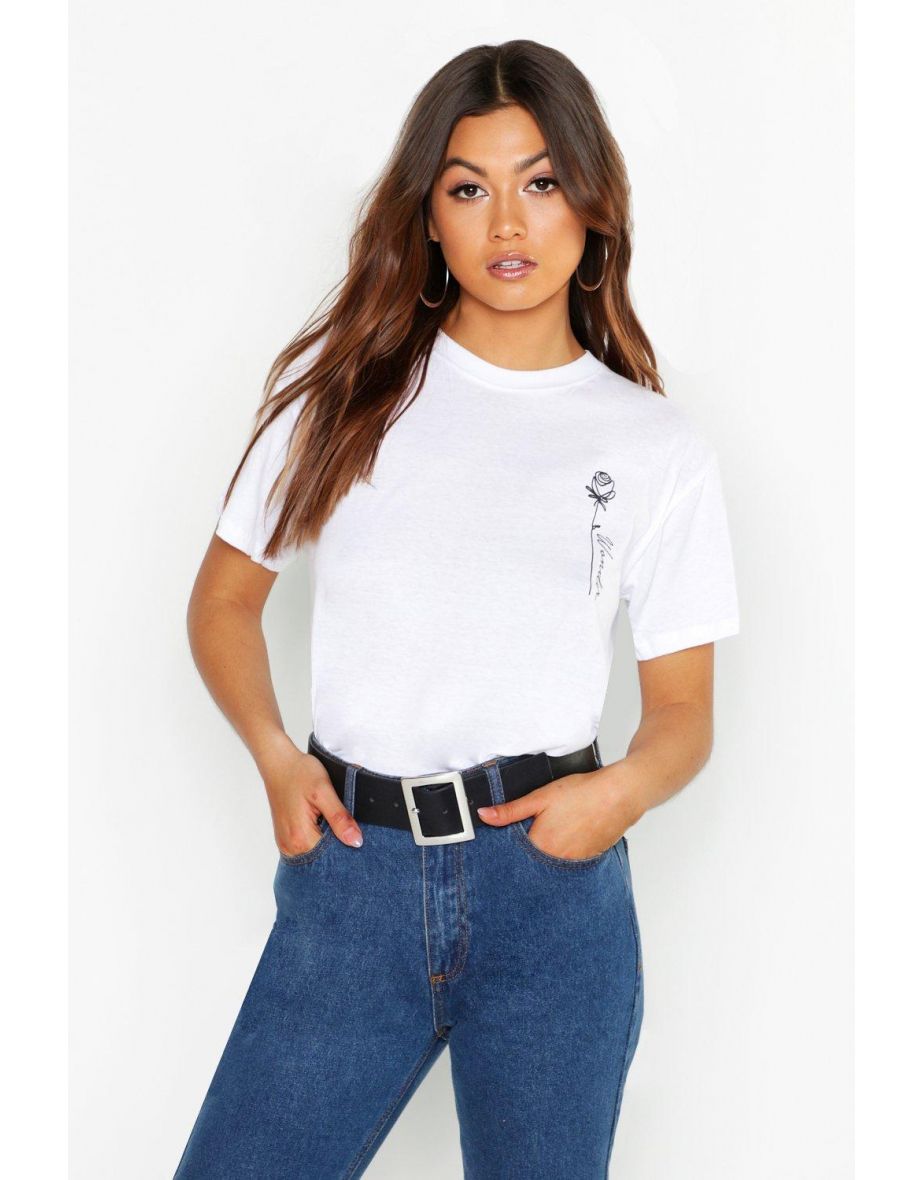 Rose Pocket Print Slogan T-Shirt - white
