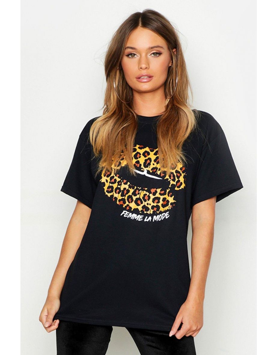 Women Femme Leopard Lips Slogan T Shirt Black Vogacloset