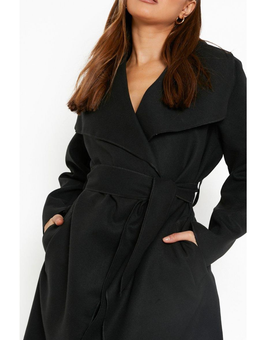 Belted Shawl Collar Coat - black - 3