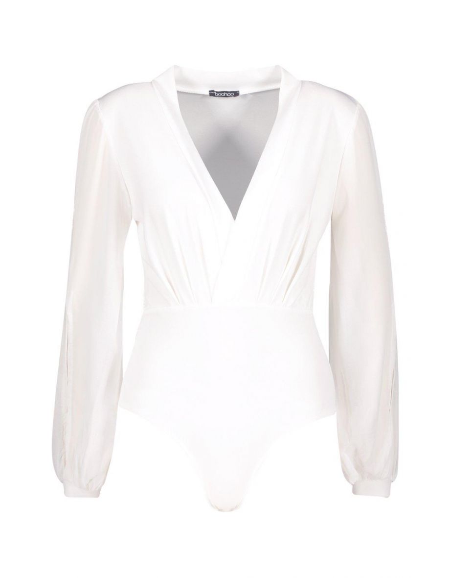 Wrap Chiffon Split Sleeve Bodysuit - white - 1