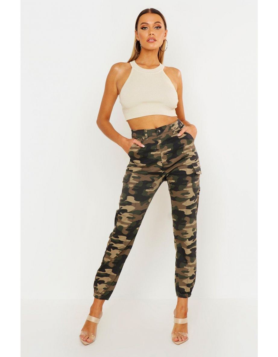 Camo Print Elasticated Hem Cargo Trousers - khaki
