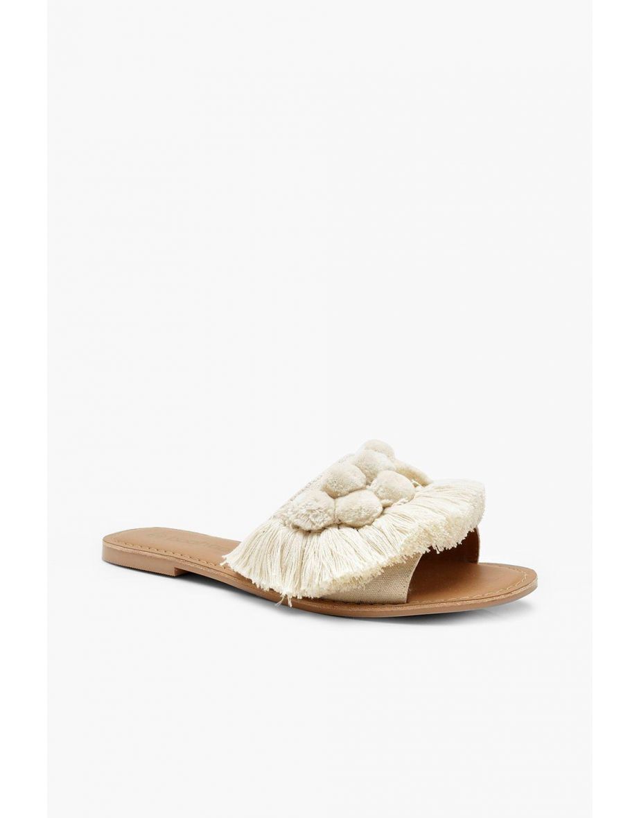 Pom Pom Frill Leather Sliders - cream