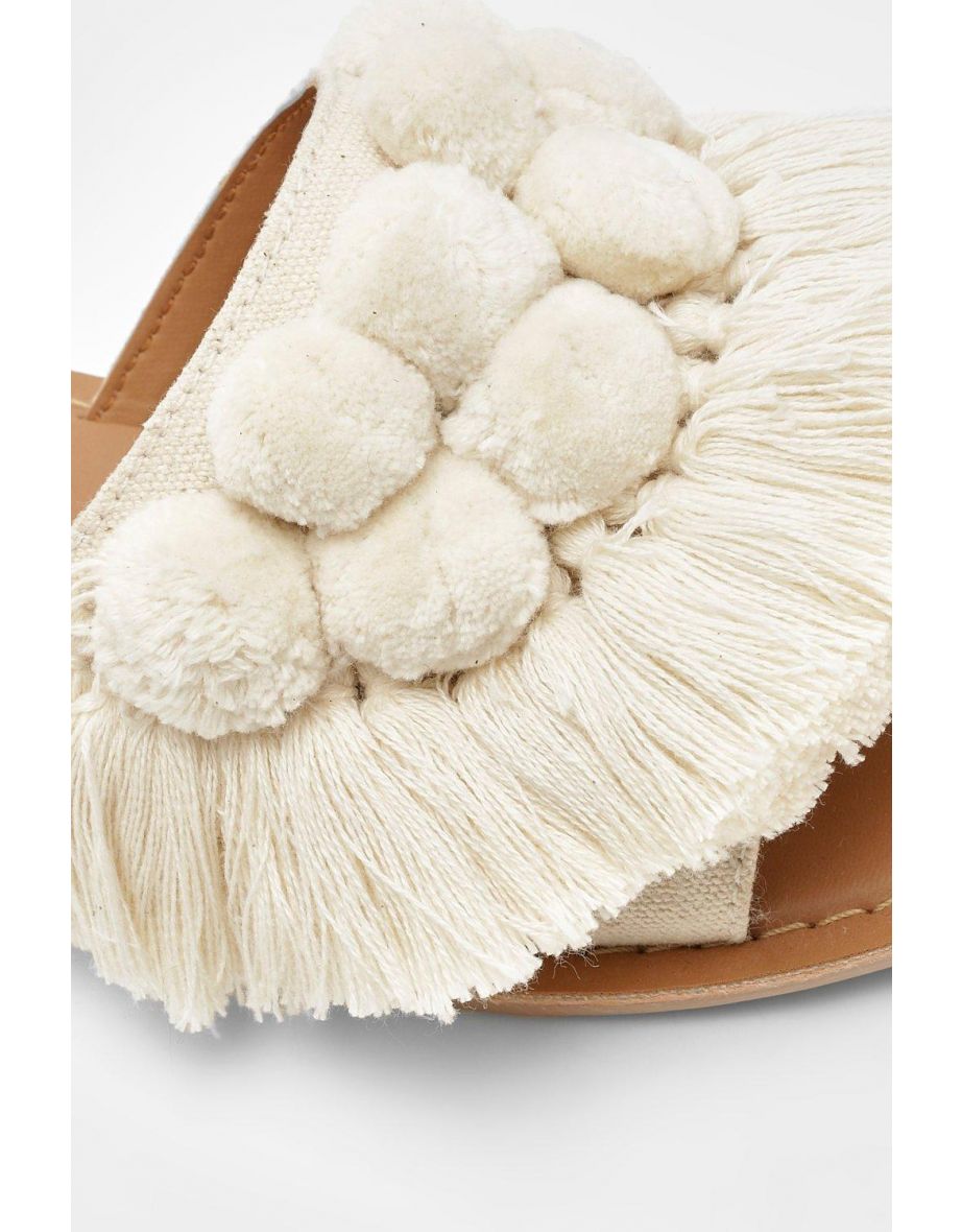 Pom Pom Frill Leather Sliders - cream - 3