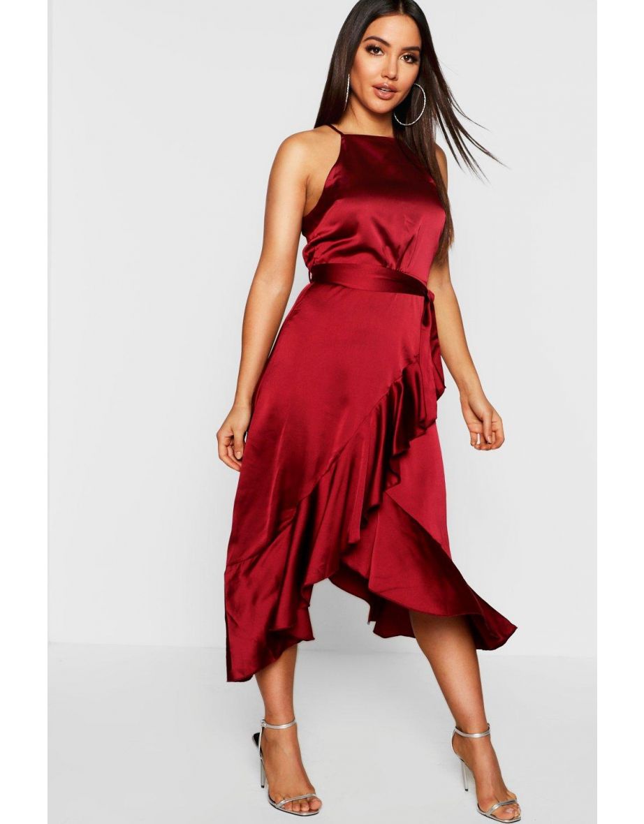 فستان ميدي ساتان بتصميم لف بكشكش - أحمر