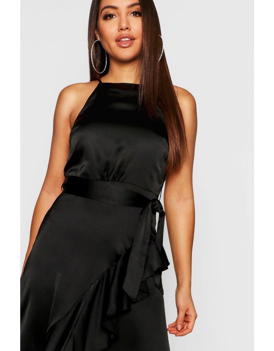 فستان ميدي ساتان بتصميم لف بكشكش - أسود - 3