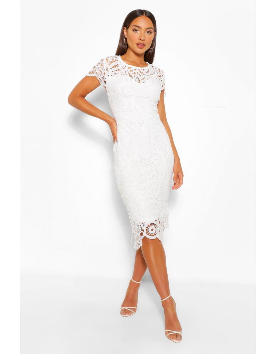Lace Cap Sleeve Midi Dress - white