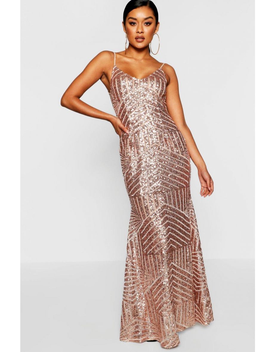 Sequin & Mesh Strappy Maxi Dress - rose