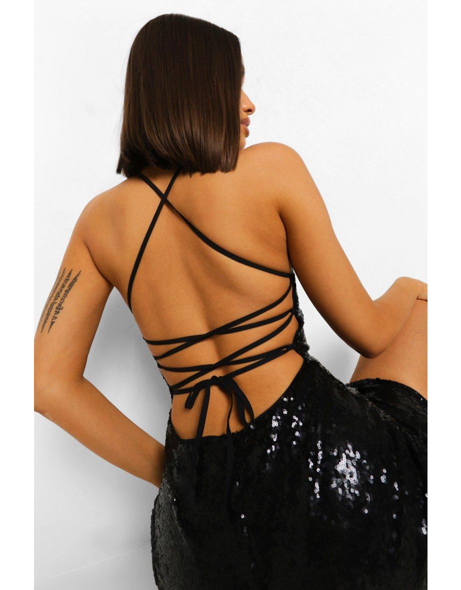 Sequin Strappy Back Bodycon Dress - black - 3