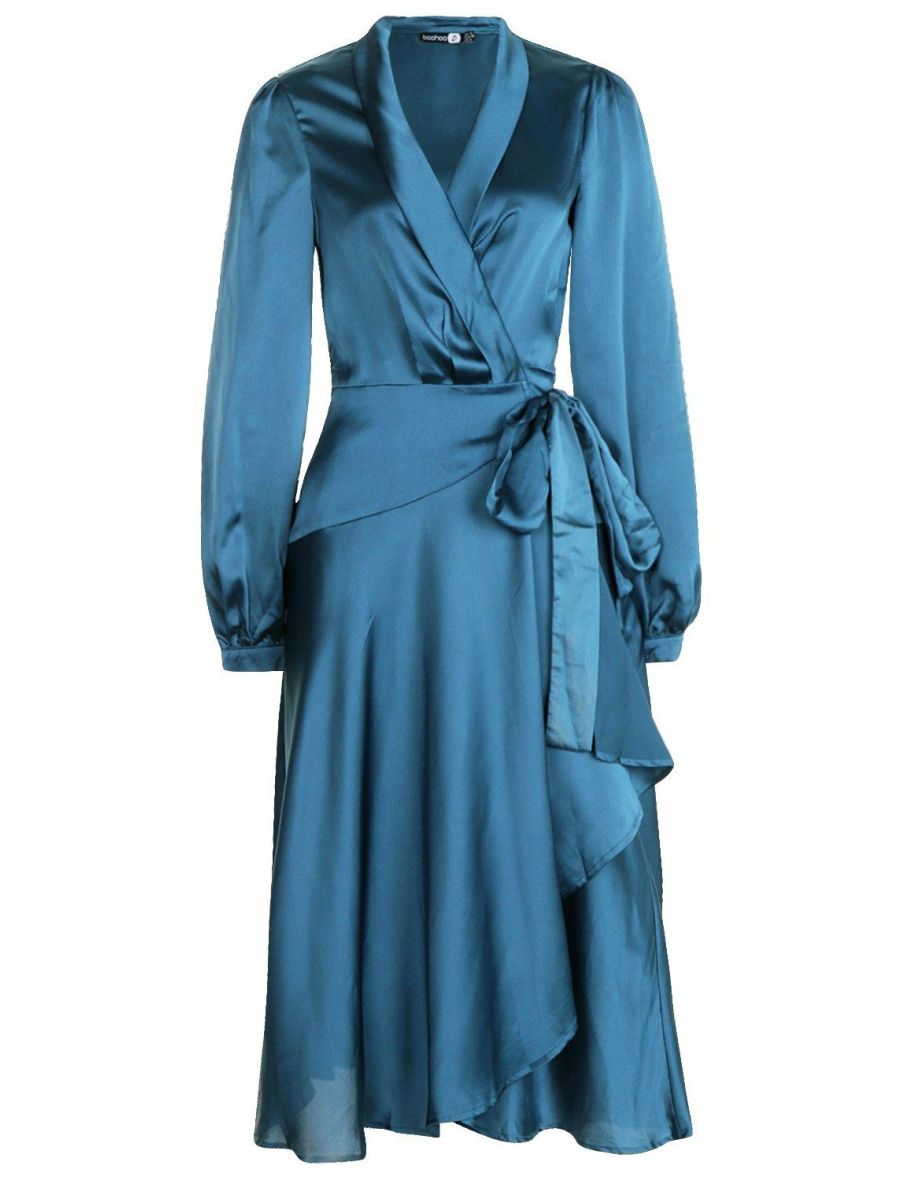 Satin Wrap Detail Midi Skater Dress - teal - 1