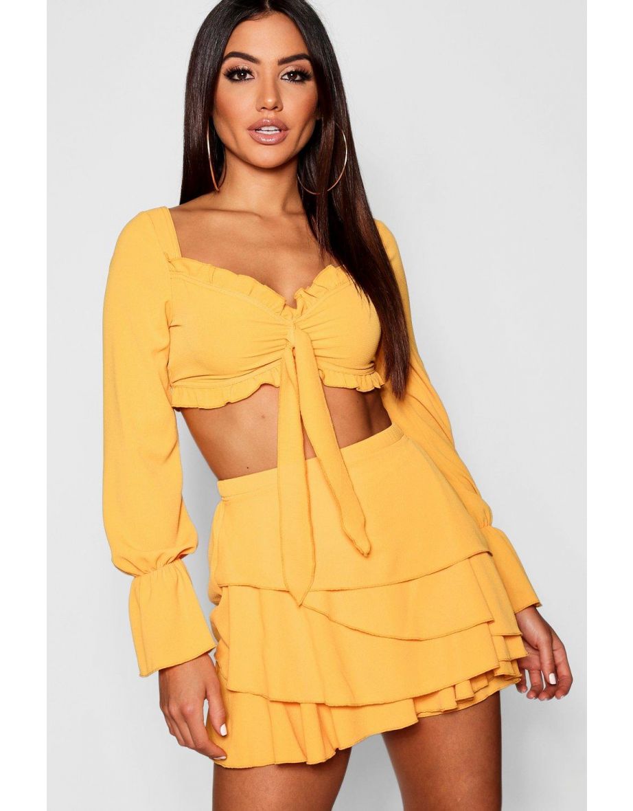 Long Sleeve Tie Front And Ruffle Short Co-Ord Set - mustard