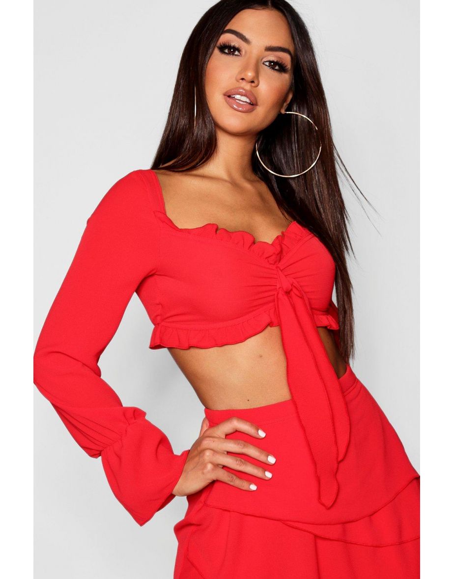 Long Sleeve Tie Front And Ruffle Short Co-Ord Set - mustard - 3