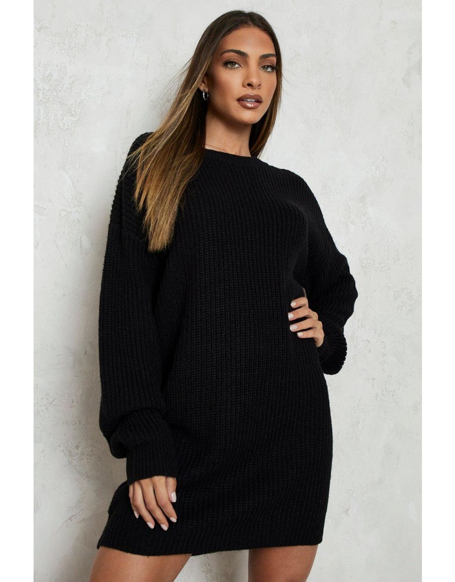 Crew Neck Jumper Dress - black - 3