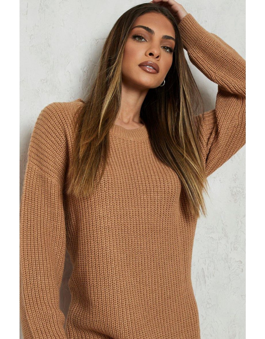 Crew Neck Jumper Dress - camel - 3