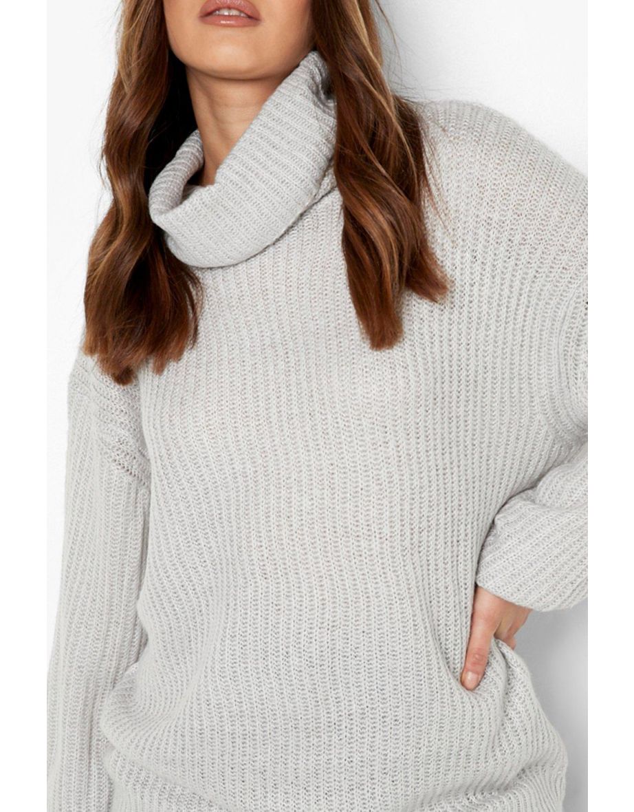 Oversized Roll Neck Rib Knitted Jumper - silver grey - 3
