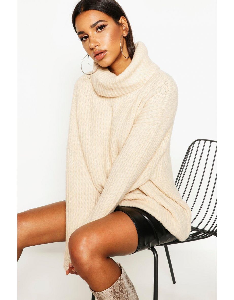 Oversized Roll Neck Rib Knitted Jumper - stone - 3
