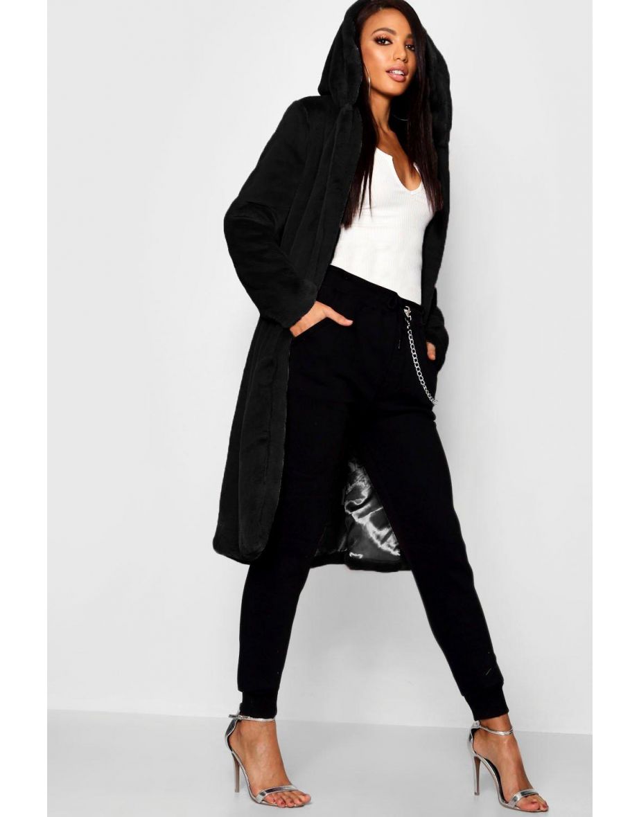 Hooded Faux Fur Coat - black