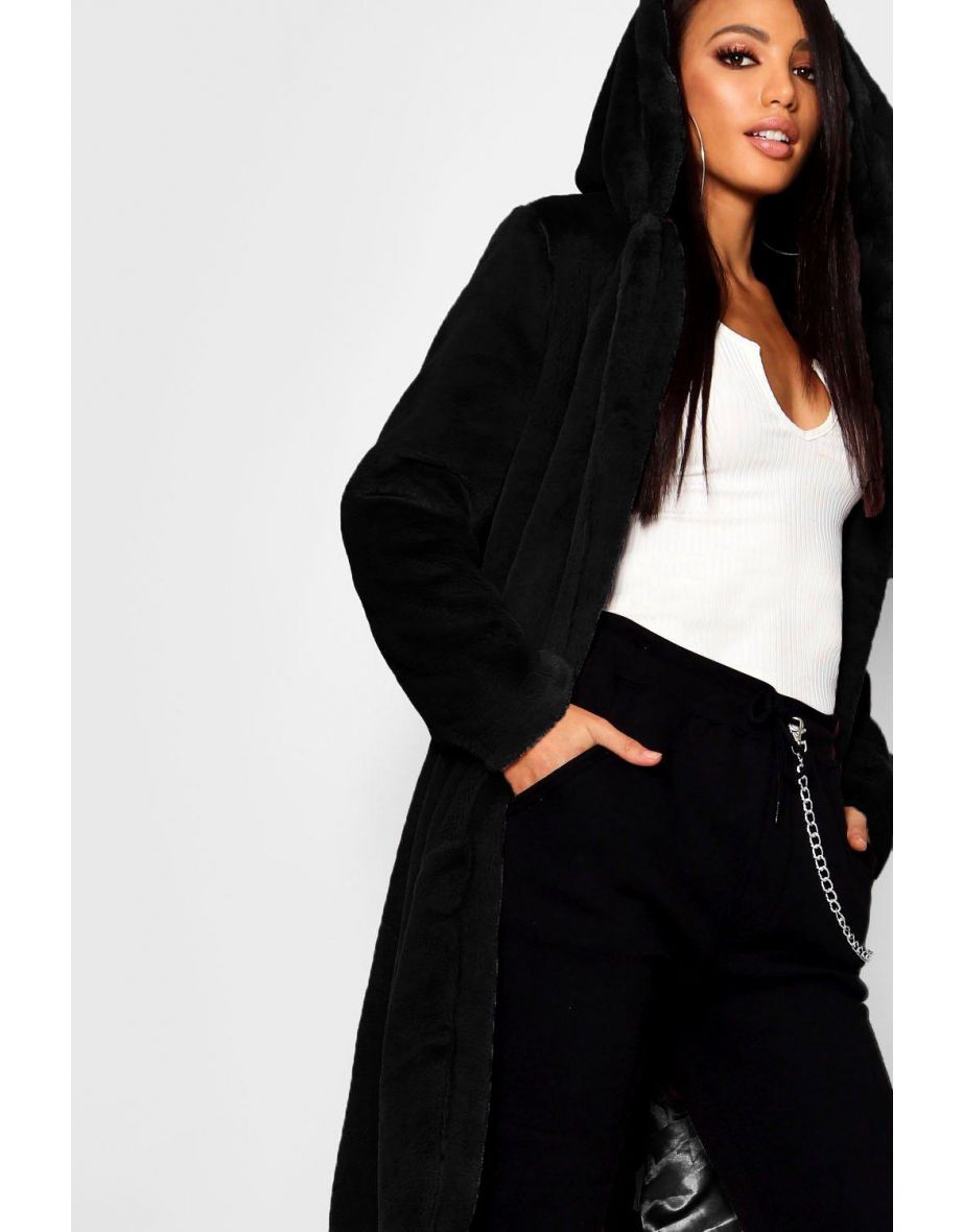 Hooded Faux Fur Coat - black - 3