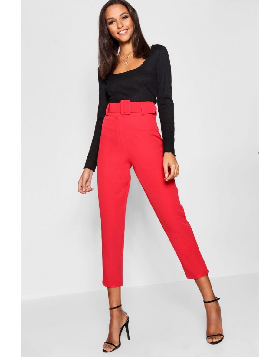 Wide Buckle Belt Straight Tapered Trouser - red