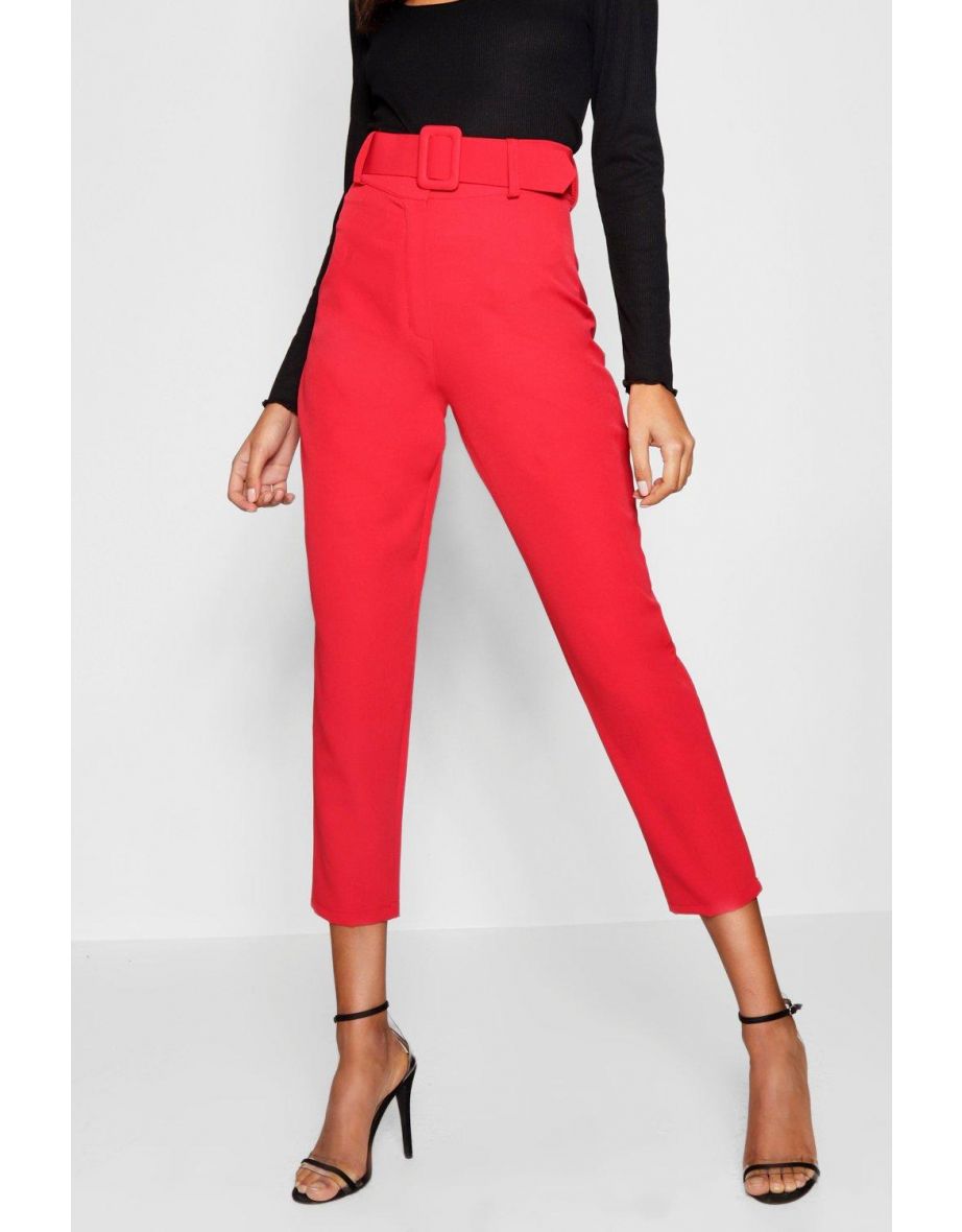 Wide Buckle Belt Straight Tapered Trouser - red - 3