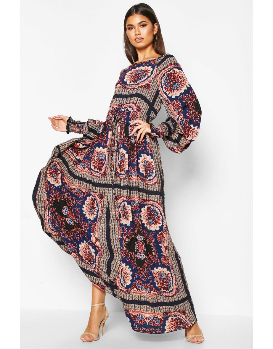 Shirred Waist Scarf Print Maxi Dress - cobalt