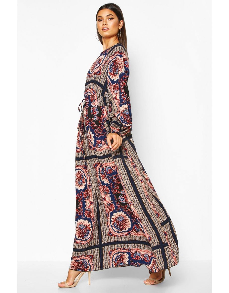 Shirred Waist Scarf Print Maxi Dress - cobalt - 3