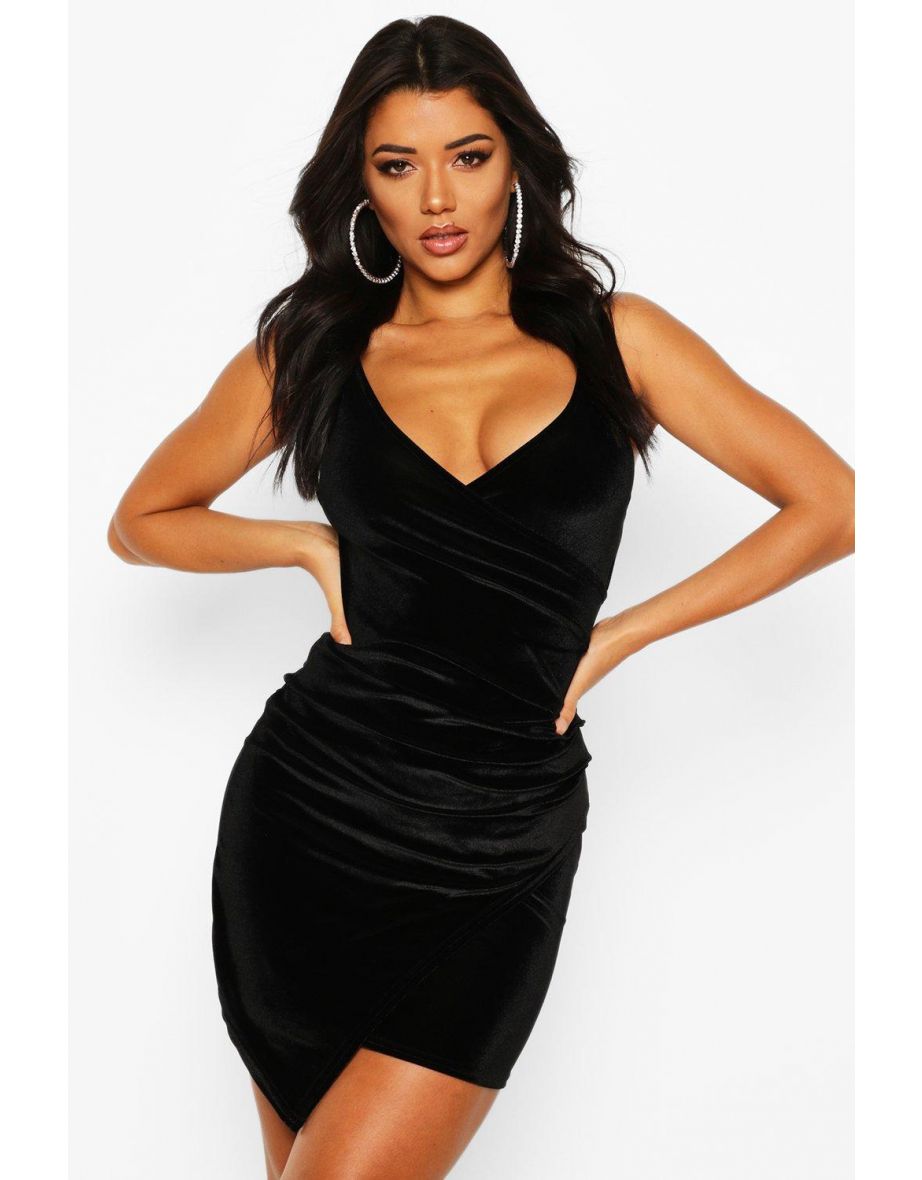 Velvet Wrap Bodycon Dress - black