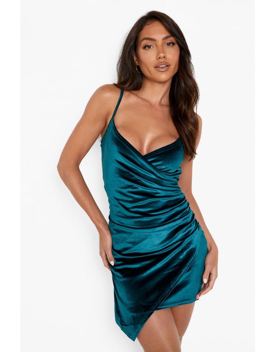 Velvet Wrap Bodycon Dress - bottle green