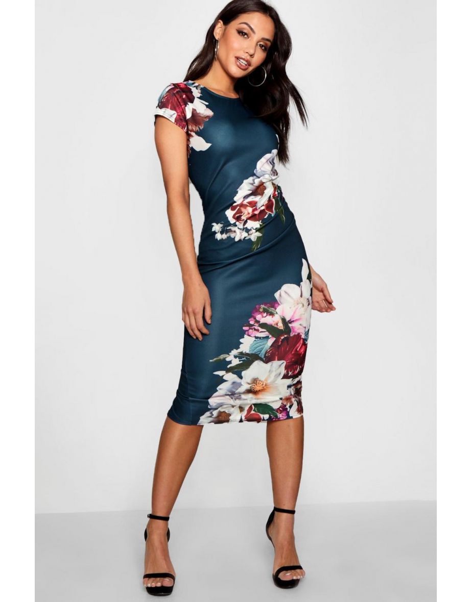Floral Pleat Detail Midi Dress - navy