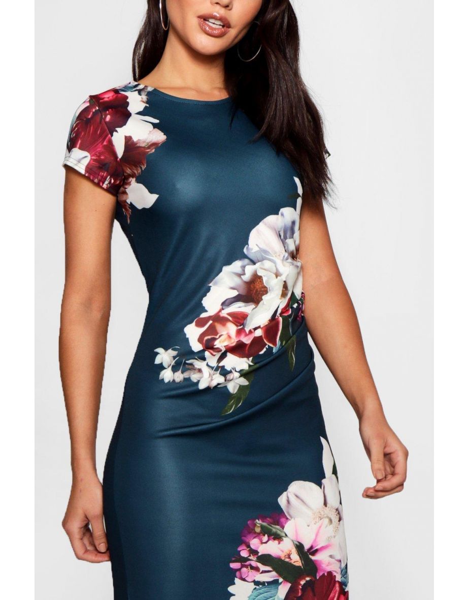 Floral Pleat Detail Midi Dress - navy - 3