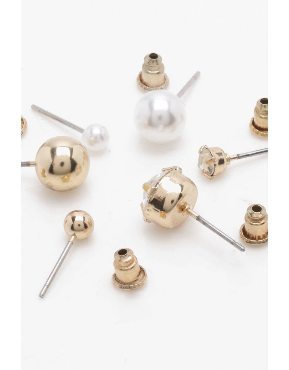 Diamante And Pearl Stud 6 Pack - gold - 1