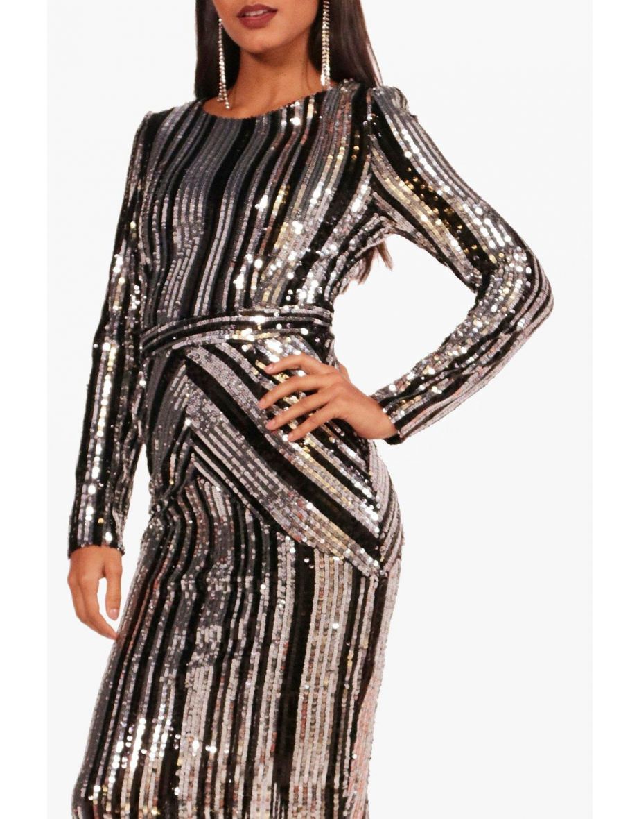 Boutique Lara Stripe Sequin Midi Dress - black - 3