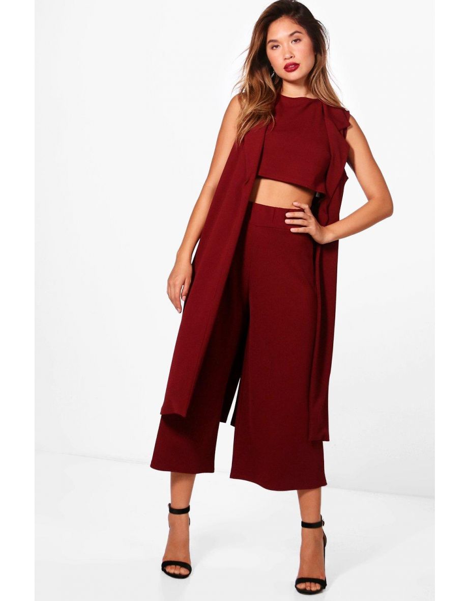 3 Piece Crop Culotte & Duster Co-Ord Set - mulberry