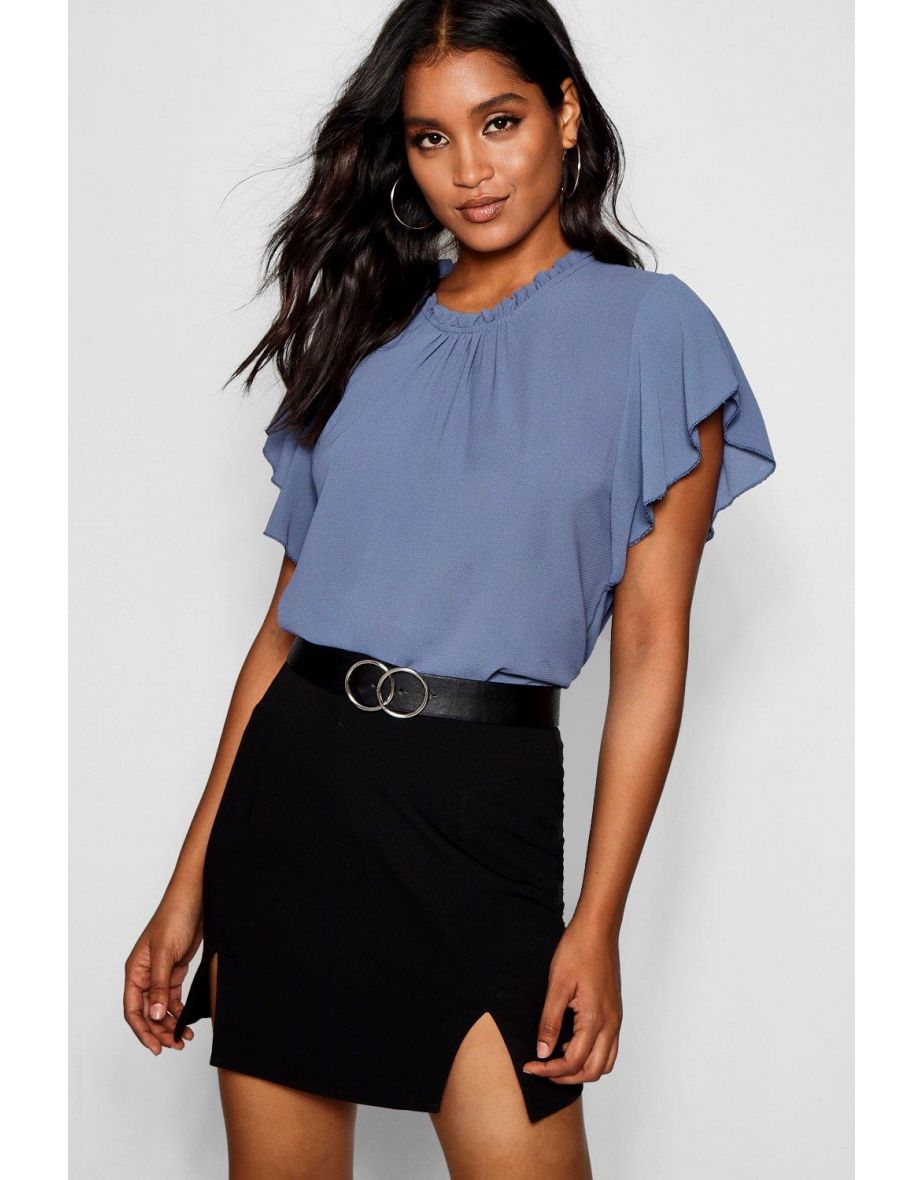 Woven Frill Sleeve And Neck Blouse - cornflower blue