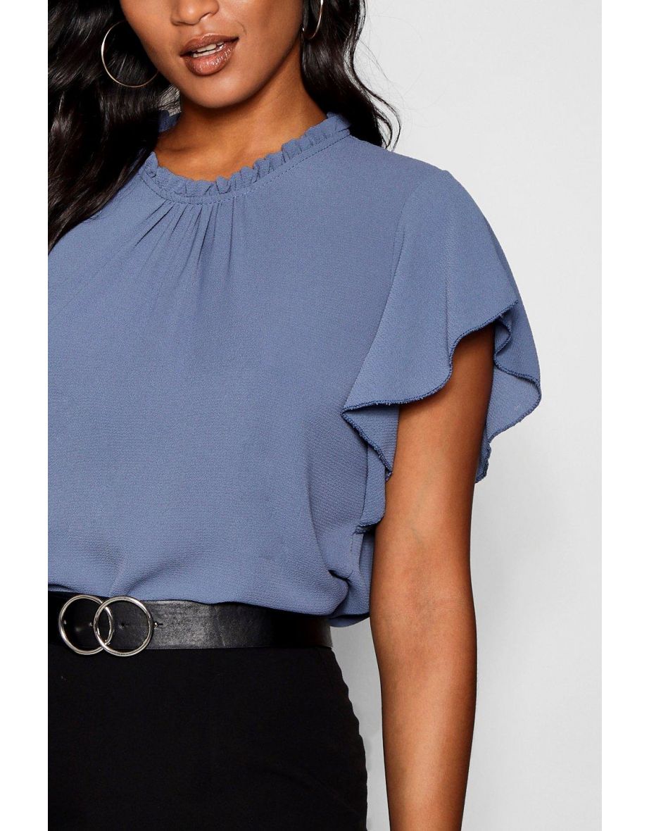 Woven Frill Sleeve And Neck Blouse - cornflower blue - 3