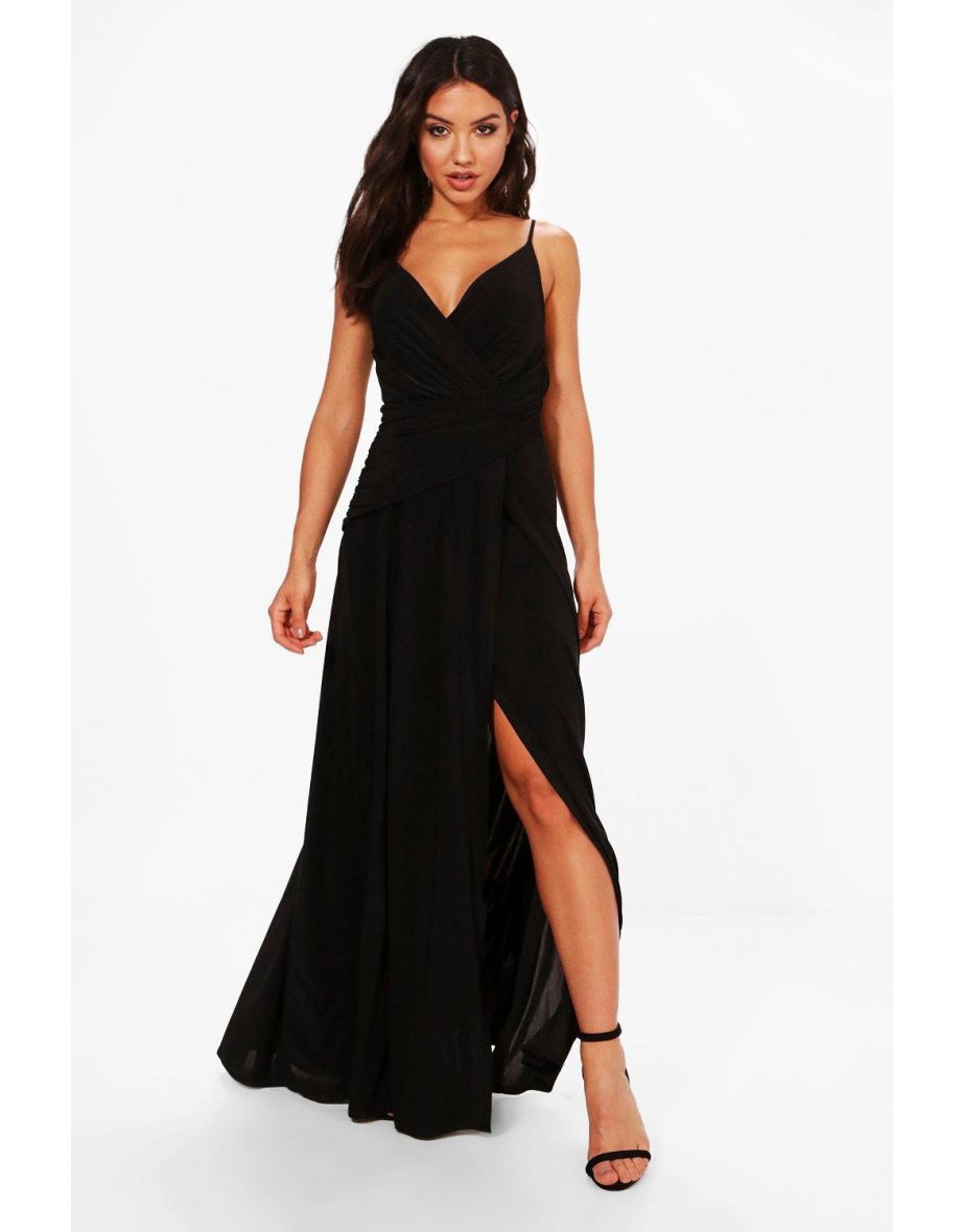 Slinky Wrap Ruched Strappy Maxi Bridesmaid Dress - black