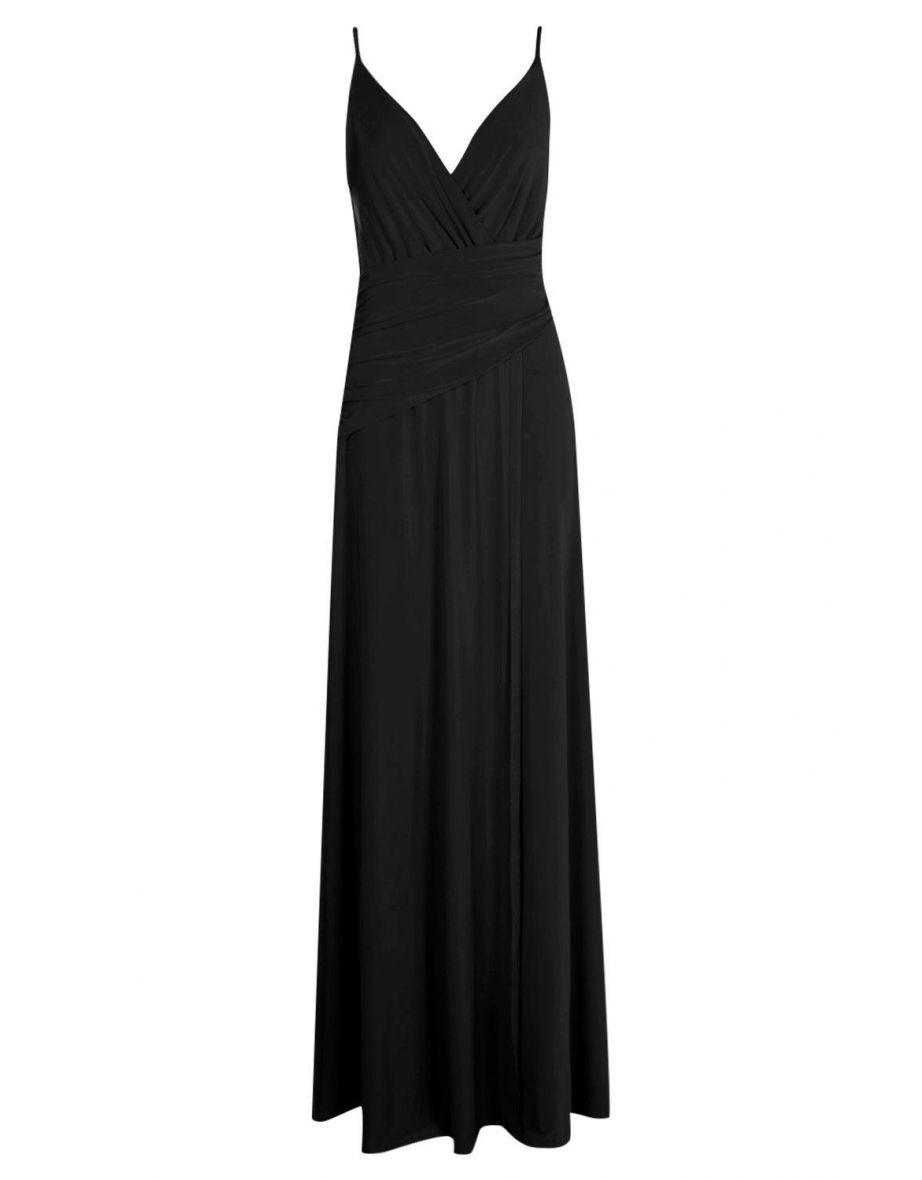 Slinky Wrap Ruched Strappy Maxi Bridesmaid Dress - black - 1