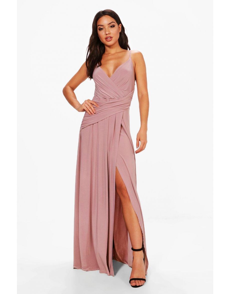 Slinky Wrap Ruched Strappy Maxi Bridesmaid Dress - mauve
