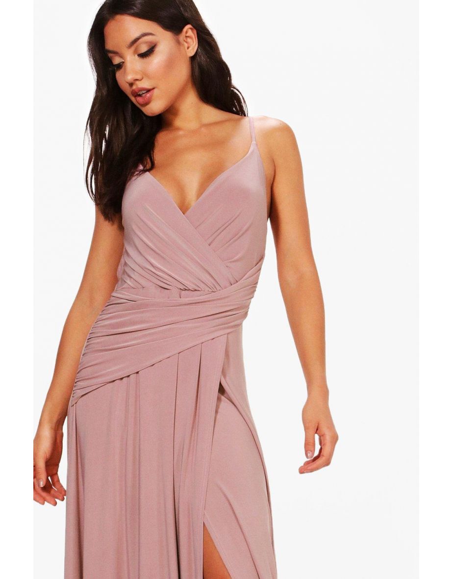 Slinky Wrap Ruched Strappy Maxi Bridesmaid Dress - mauve - 3