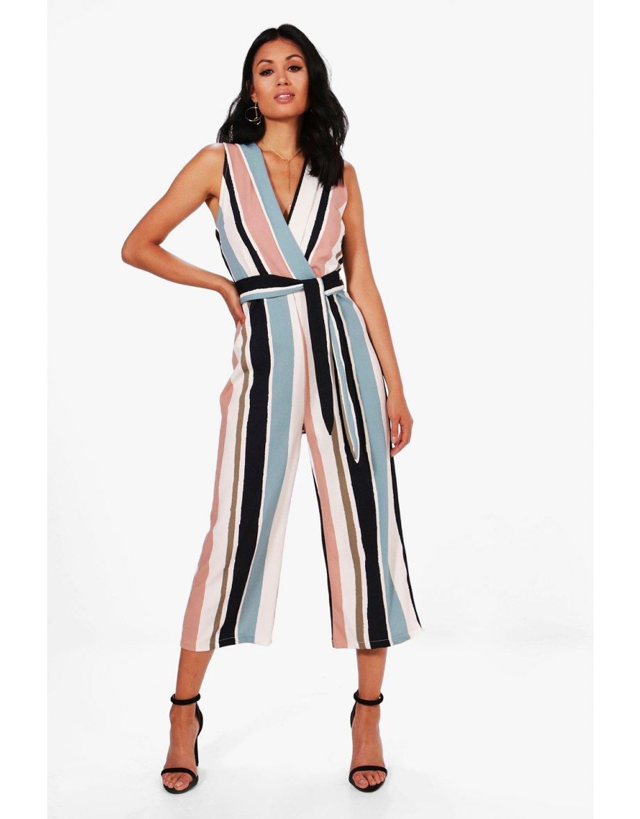 Striped Tie Belt Culotte Jumpsuit - multi