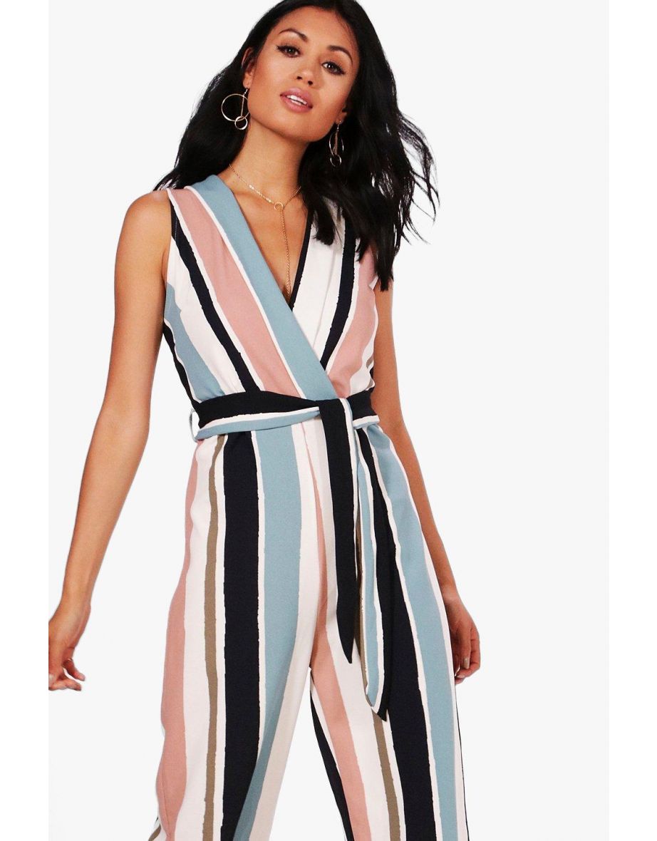 Striped Tie Belt Culotte Jumpsuit - multi - 3