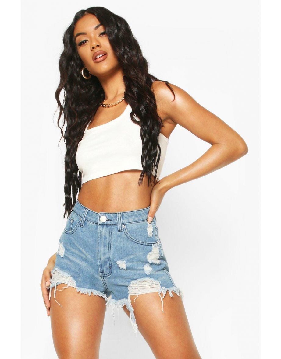 High Rise Distressed Denim Mom Shorts - blue - 3