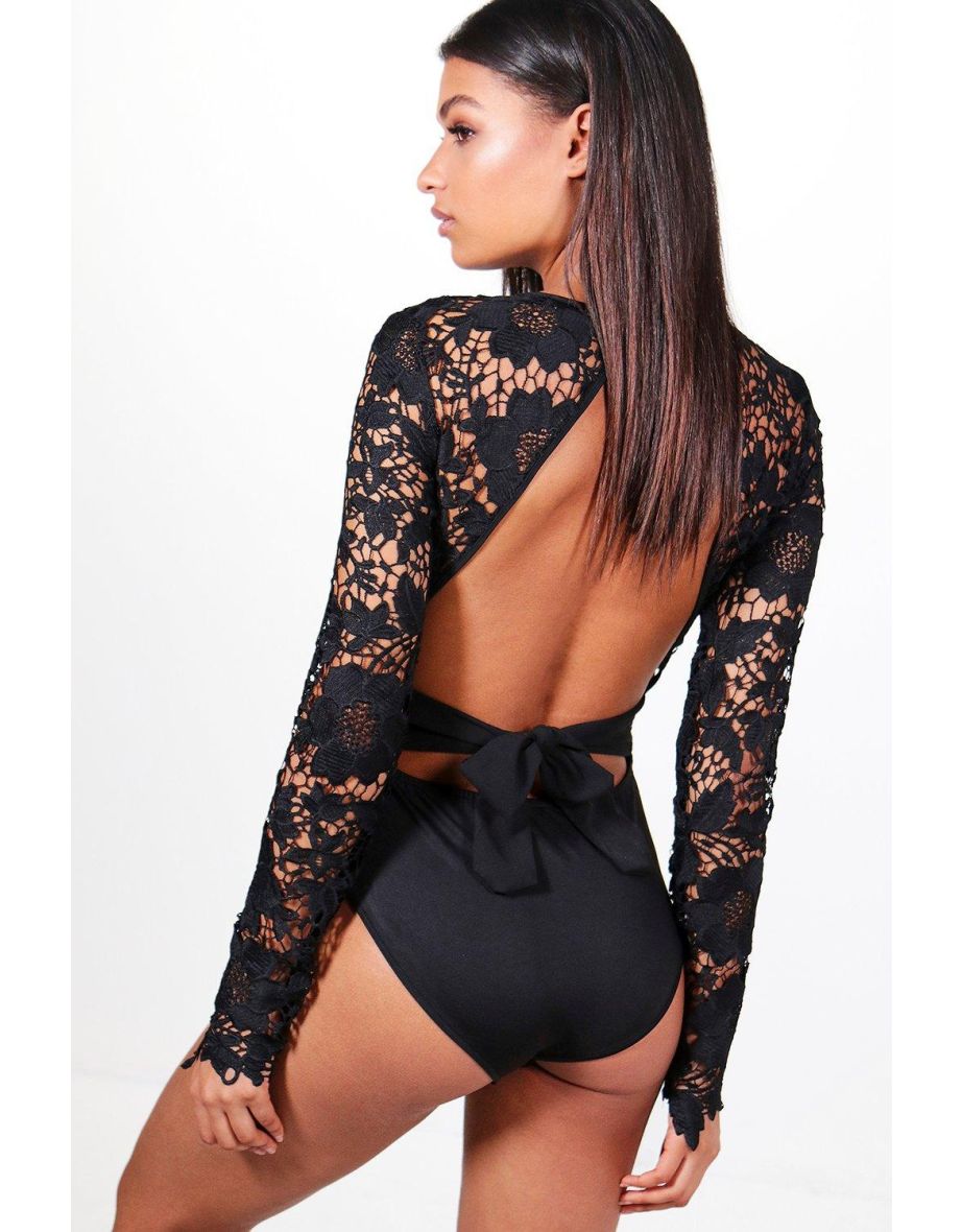 Lace Open Back Bodysuit - black - 3