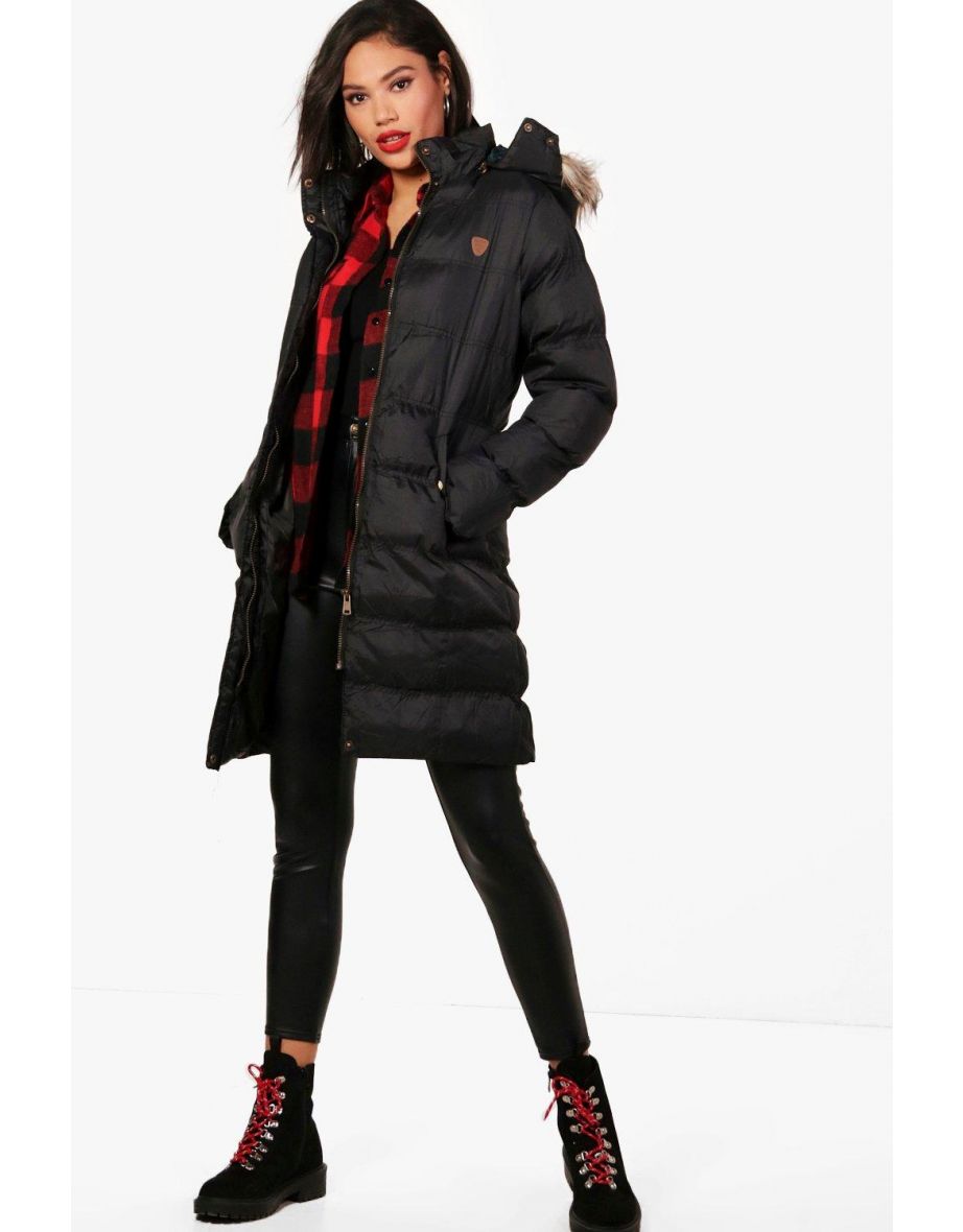 Longline Padded Faux Fur Hooded Jacket - black