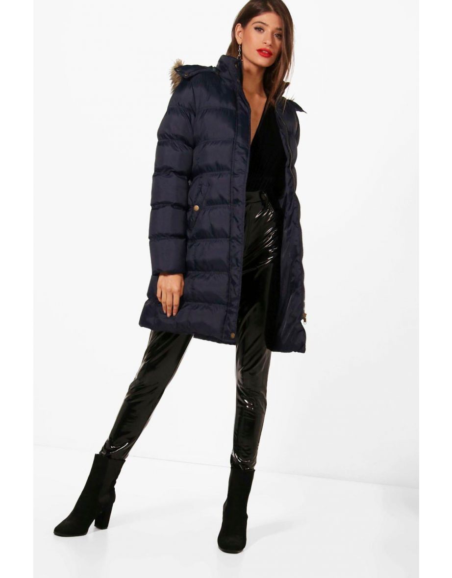Longline Padded Faux Fur Hooded Jacket - navy