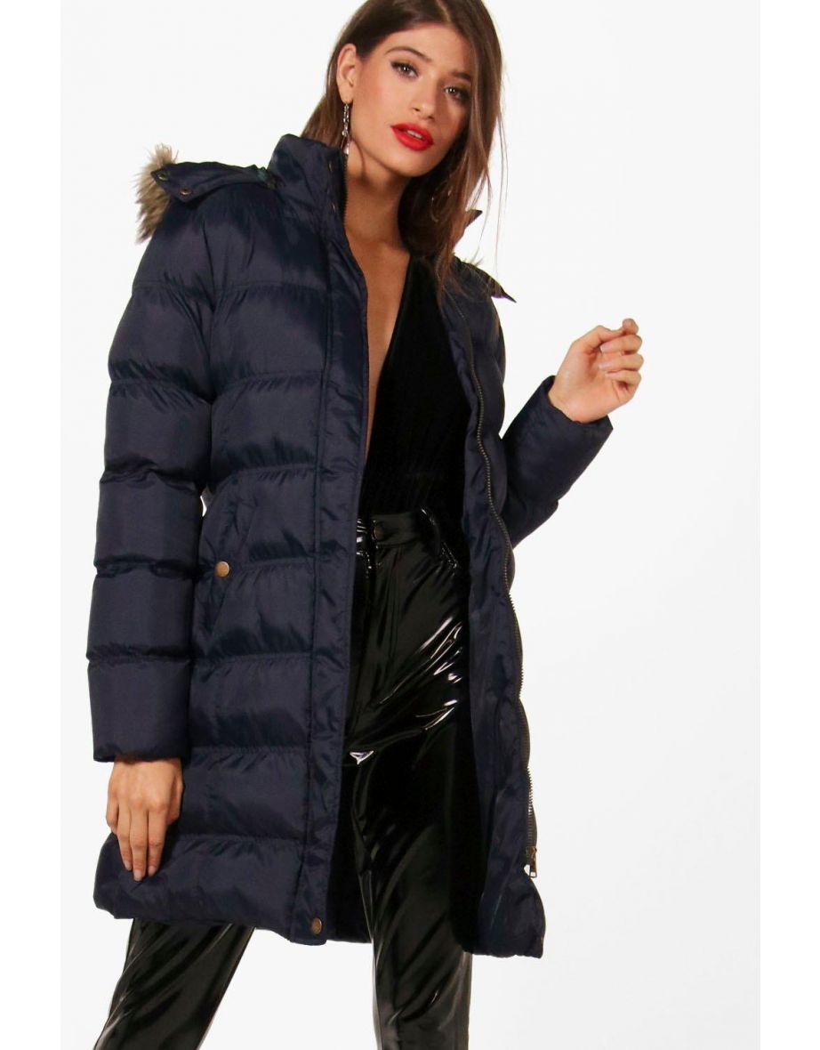 Longline Padded Faux Fur Hooded Jacket - navy - 3