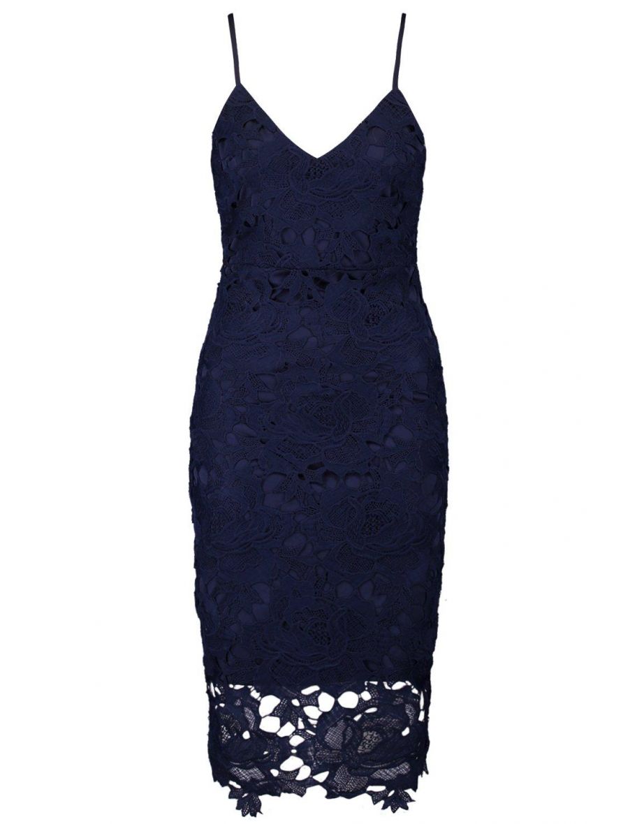Boutique Crochet Lace Strappy Midi Dress - navy - 1