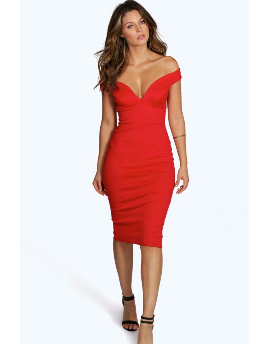 Sweetheart Off Shoulder Bodycon Midi Dress - red